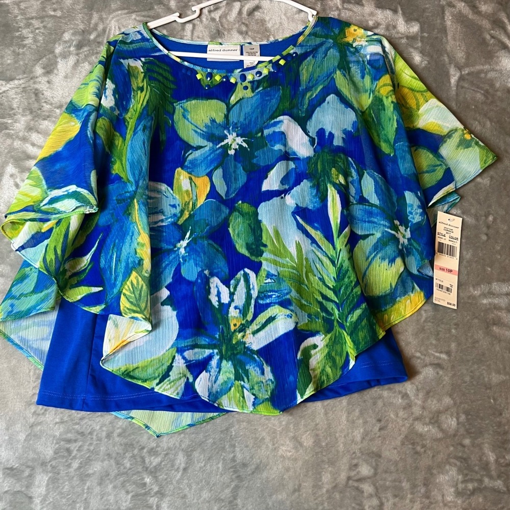 Alfred Dunner Womens Poncho Top 10P Blue Floral Print Layered Cottagecore